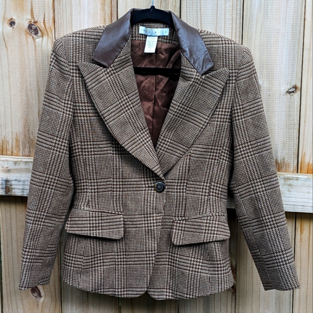 The Limited- VINTAGE Brown Plaid Blazer with Leather Collar